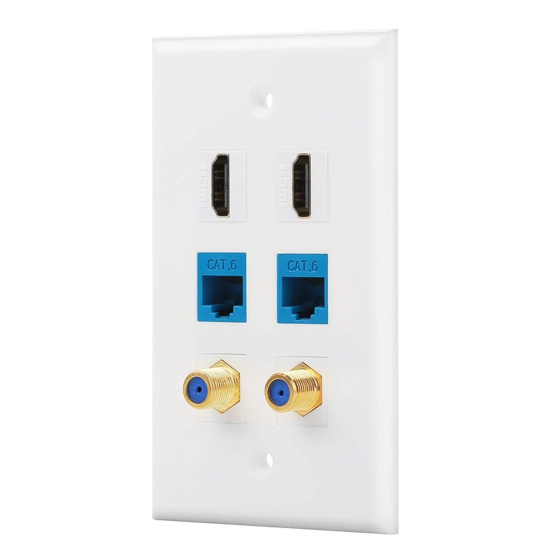 IBL-6 Port Wall Plate 2 Port Coaxial TV Cable F Type +2 Port Cat6 Ethernet +2 HDMI Keystone Female to Female Jack in White - Image 1